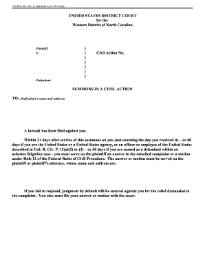 US Federal Civil Action Summons