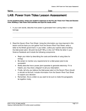 Power from Tides Lesson Assessment