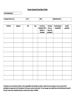 Person Centered Team Sign-in Sheet