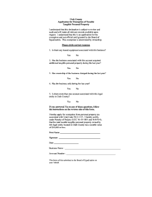 Utah County Taxable Personal Property Exemption Application