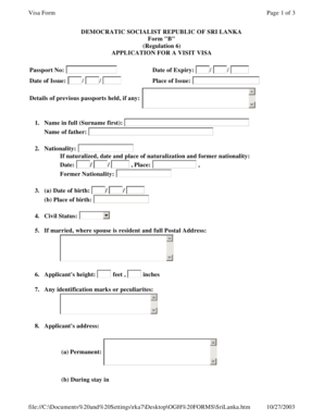Sri Lanka Visit Visa Application Form B
