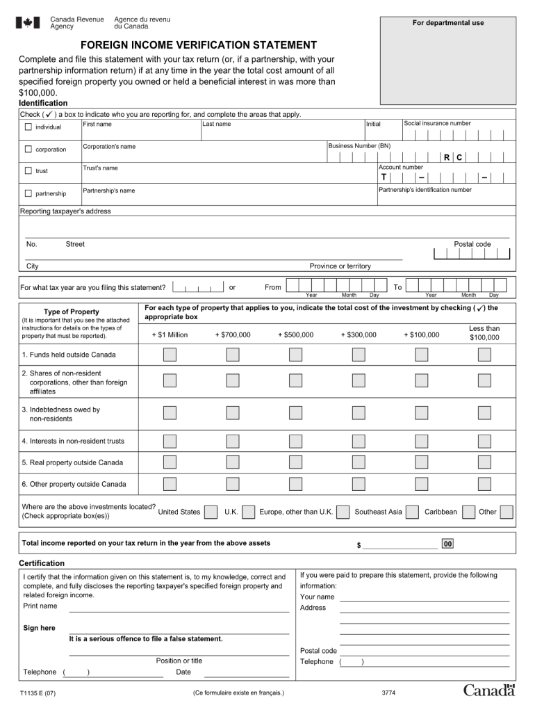 printable t1135 2007 form Preview on Page 1.