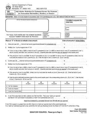 Vermont Safe Harbor Worksheet for Estimated Income Tax Payments