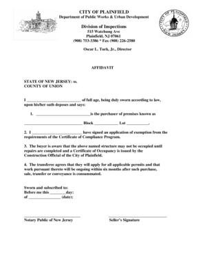 New Jersey Certificate of Compliance Exemption Affidavit