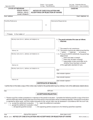Michigan Notice of Case Evaluation and Acceptance or Rejection of Award