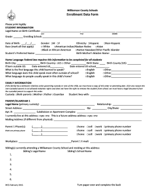Williamson County Schools Enrollment Data Form