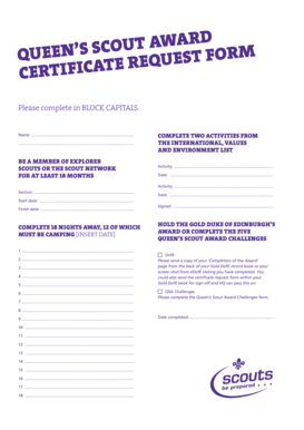 Queen's Scout Award Certificate Request Form