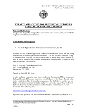 Ex Parte Application for Restoration of Former Name