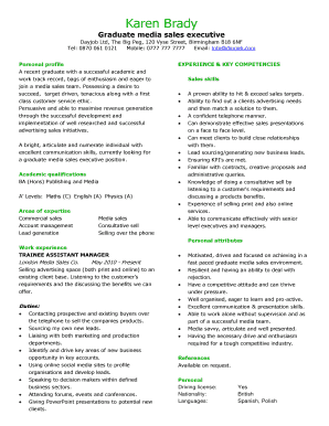 Graduate media sales executive CV template resume. A CV sample for a media sales executive job seeker.