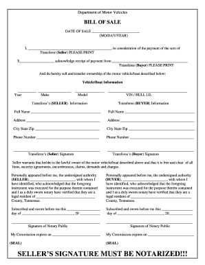 Tennessee Motor Vehicle Bill of Sale