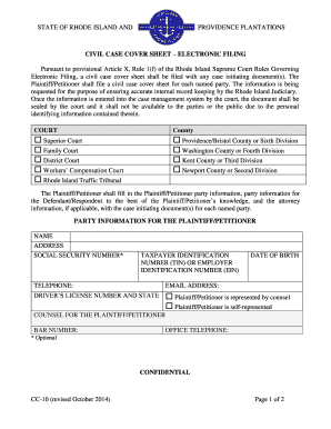Rhode Island Civil Case Cover Sheet