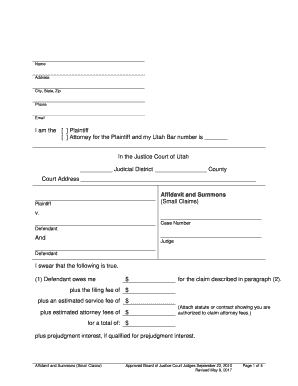 Utah Small Claims Affidavit and Summons