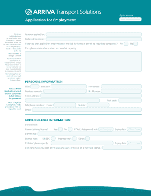 Arriva Employment Application Form