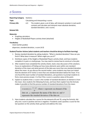 Algebra I Z-Scores Activity Sheet