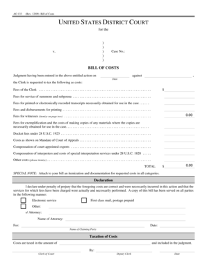 US Federal Bill of Costs Form