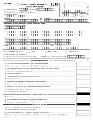 City of Detroit Income Tax Form D-1041 2010