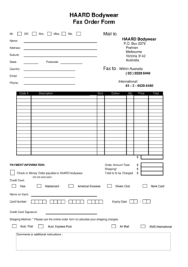 HAARD Bodywear Fax Order Form