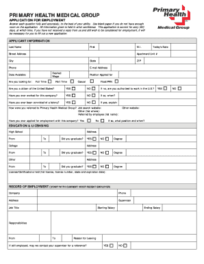 Primary Health Medical Group Employment Application