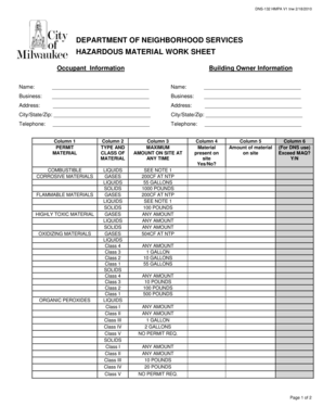 Hazardous Material Work Sheet