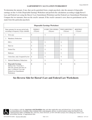 Hawaii Garnishment Calculation Worksheet