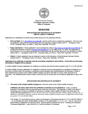 Tennessee LLC Certificate of Authority Application
