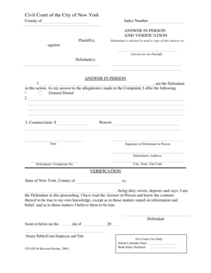 New York Civil Court Answer Form