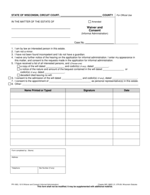 Wisconsin Waiver and Consent for Informal Administration