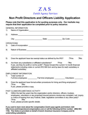 Non Profit Directors and Officers Liability Application