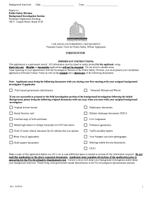 Personal History Form for Firefighter Applicants