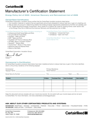 Manufacturer’s Certification Statement for Insulation Tax Credit