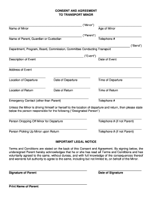Consent and Agreement to Transport Minor