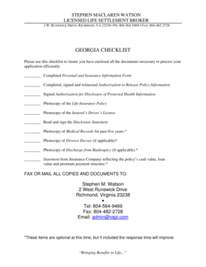 Georgia Life Settlement Application Checklist