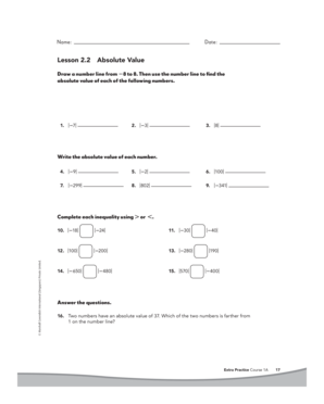 Absolute Value Worksheet