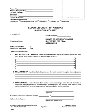 Arizona Waiver of Notice of Hearing