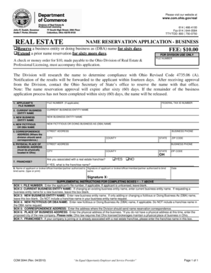 Ohio Real Estate Business Name Reservation Application