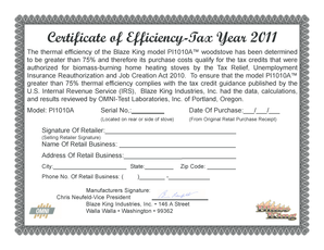 Certificate of Efficiency for Blaze King Woodstove
