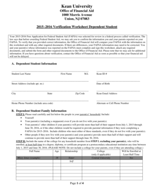 2015–2016 Verification Worksheet Dependent Student