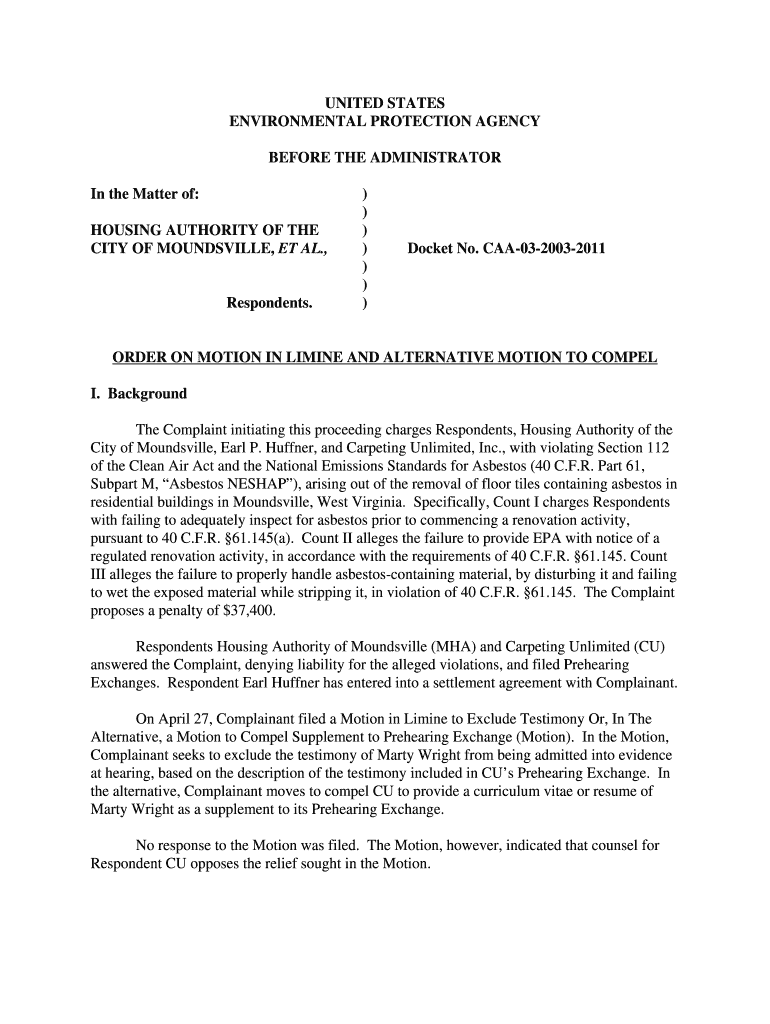 Fillable Online epa Order On Motion In Limine And Alternative Motion To