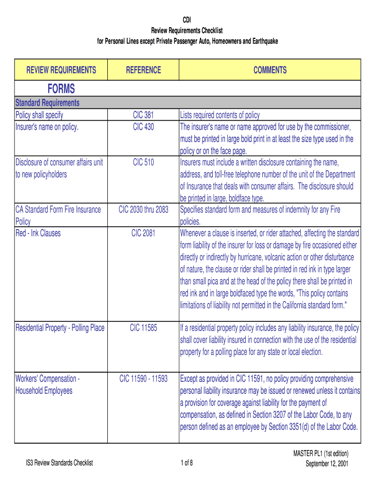 Fillable Online insurance ca Personal Lines Except Private Passenger Auto, Homeowners ... Fax ...