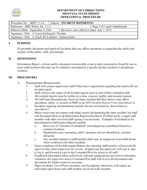 6A Subject: INCIDENT REPORTING Reference: DOC Policy No - cor mt