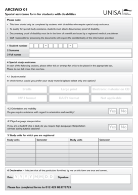 Special Assistance Form for Students with Disabilities