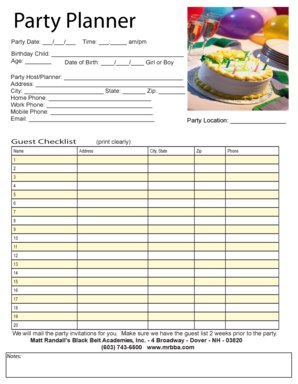 Birthday Party Planning Form