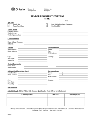 Ontario Tender Registration Form