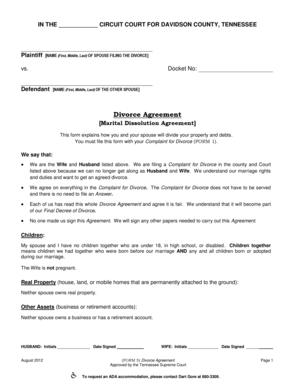 Tennessee Divorce Agreement Form