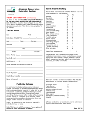 Alabama Cooperative Youth Health History Form
