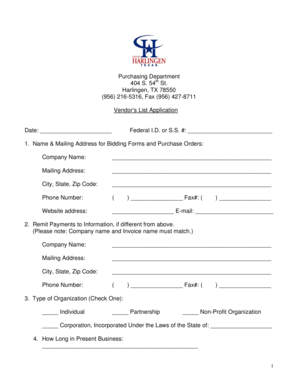 Vendor’s List Application Form