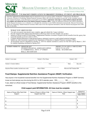2014-2015 Verification Worksheet for Federal Student Aid