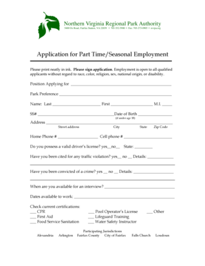 Northern Virginia Regional Park Authority Part Time Seasonal Employment Application