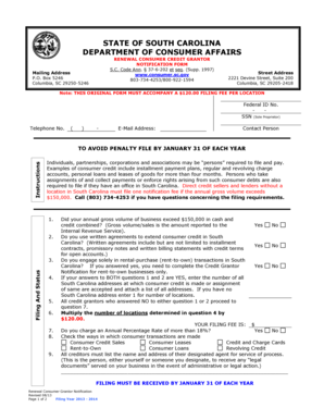South Carolina Consumer Credit Grantor Notification Form