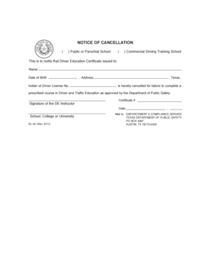 Texas Driver Education Certificate Cancellation Notice